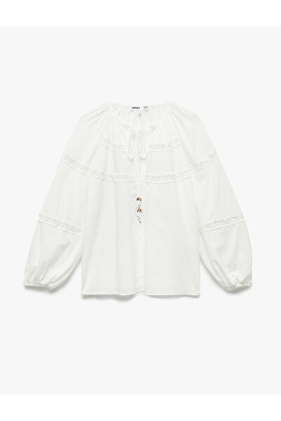 Koton X Melis Ağazat - Long Balloon Sleeve Scalloped Lace Round Tie Collar Blouse