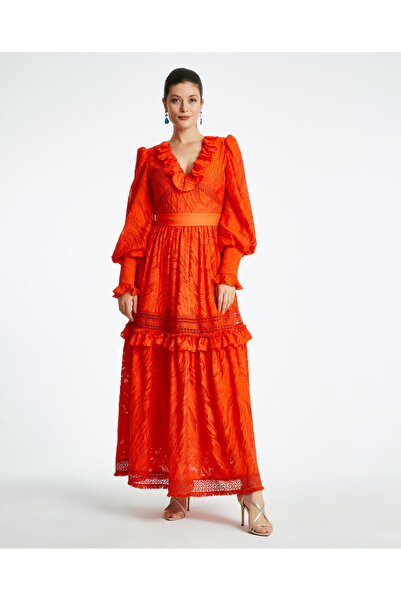 SERPİL Kadın Uzun Elbise – Fırfırlı Yaka Detaylı ve Kuşaklı, Zarif ve Romanti...