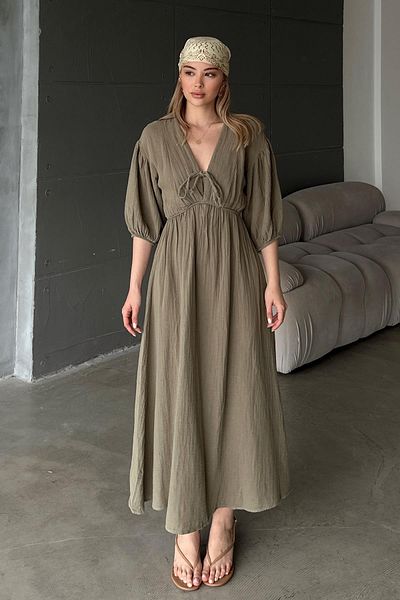Olcay Elastisches Taillen-Spitzen-detailliertes Halbarm-Musselin-Kleid KHAKI 9331-E