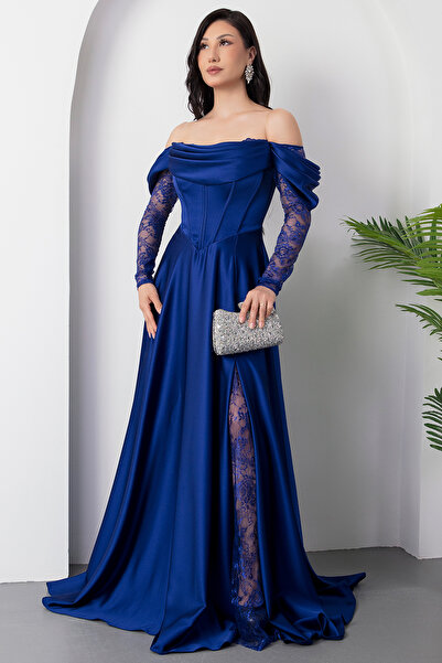 PULLIMM Kalp Yaka Dantel Detay Atlas Elbise ECR5561