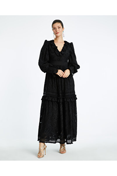 SERPİL Kadın Uzun Elbise – Fırfırlı Yaka Detaylı ve Kuşaklı, Zarif ve Romanti...