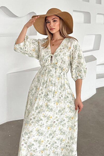 Olcay Φόρεμα με λαιμόκοψη V με λουλούδια μουσελίνα GREEN 9357-E