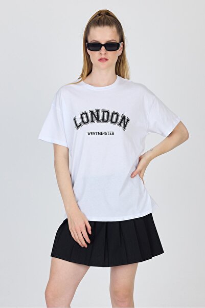 Rays تي شيرت أبيض كبير الحجم مطبوع عليه نص 100% قطن 2150-9M