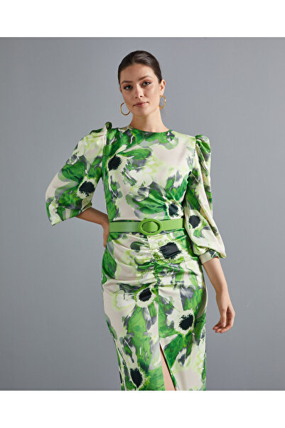 SERPİL Kadın Yırtmaçlı Elbise - Desenli - Kemer Detaylı - Modern ve Şık - Özel Gün ve Davet için Elbise