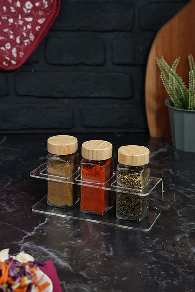 Etka Dizayn Eron 105 Cc Triple Glass Spice Rack Set - Bamboo Lid, 3 mm Plexi Stand