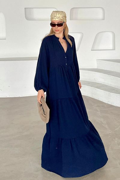 Olcay Faulenzer Ärmel Knopf Detaillierte Musselin Shabby Kleid LACİVERT 9330-E