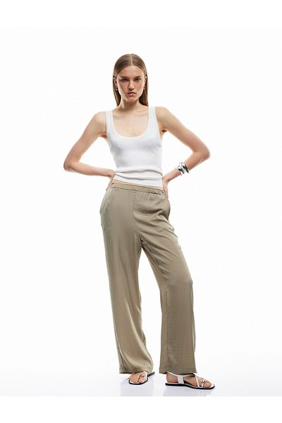 Koton Long Wide Leg Palazzo Satin Pants with Standard Waist Pockets