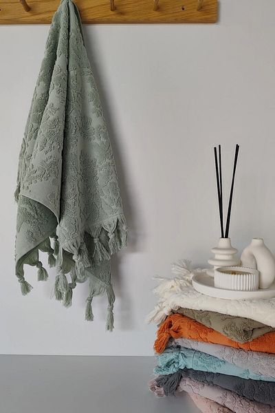Sevim Authentic Fringed Hand Towel 50X90 cm - 100% Cotton - Light Green - Soft and Water Absorbent
