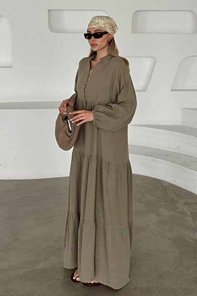 Olcay Bat Sleeve Button Detailed Muslin Casual Dress Khaki 9330-E
