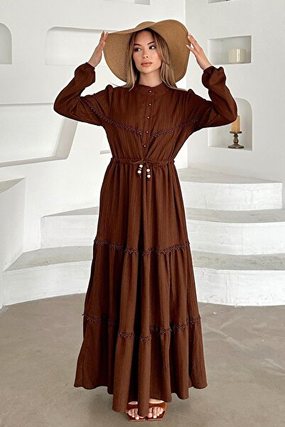 Olcay Detailní šaty s detailním lemováním v pase, lněný vzhled, hnědé 9235-E