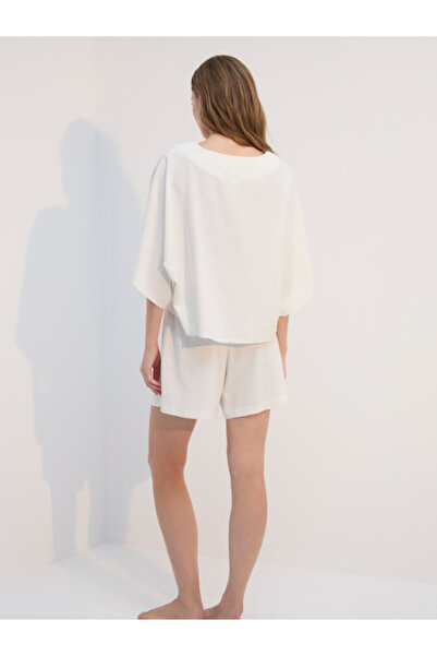 BONJOUR MADAME Keten Nakışlı Bluz Şort Gecelik Takım 2 Li Set BJM-1724 Krem