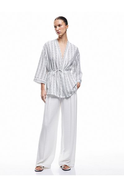 Koton Comfortable Fit Belt Detailed 3/4 Wide Sleeve Long Kimono