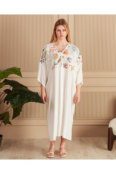 EMY TEKSTİL Women's Plus Size Embroidered Buttoned Viscose Long Dress White
