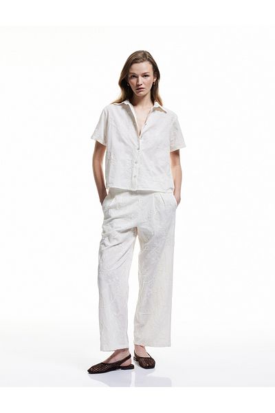 Koton Lined Cotton High Waist Straight Wide Leg Floral Embroidered Brode Pant