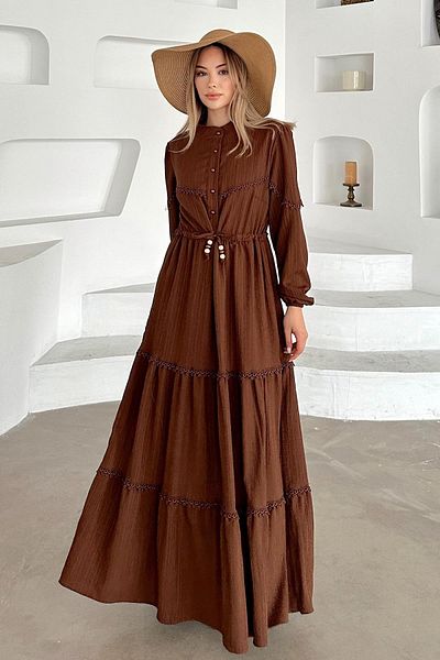 Olcay Fisto Detailed Waist Gathered Linen Look Dress Brown 9235-E