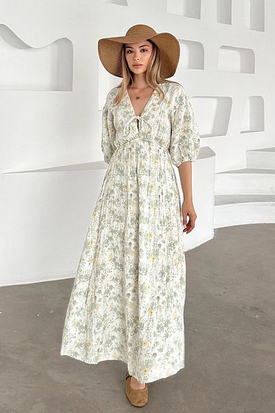 Olcay Rochie de muselină florală cu decolteu în V cu talie adunată VERDE 9357-E