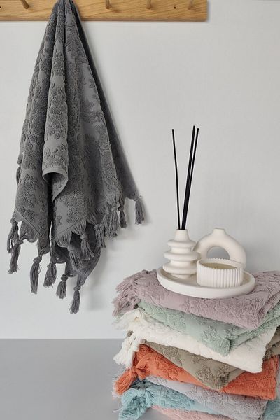 Sevim Authentic Fringed Anthracite Hand Towel 50X90 cm - 100% Cotton - Soft and Water Absorbent