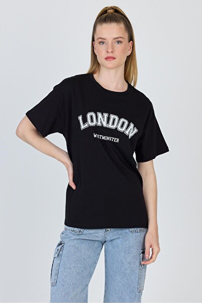 Rays تي شيرت أسود كبير الحجم مطبوع عليه نص 100% قطن 2150-9M