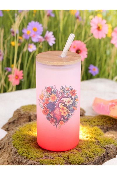 lili hediyelik Heart and Flower Printed Glass Water Bottle with Straw 600 ml