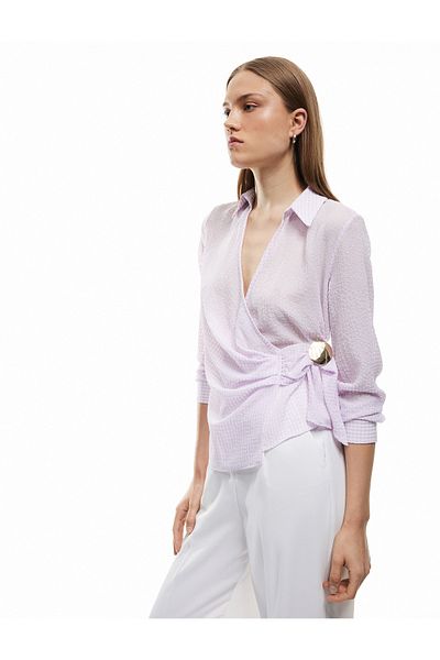 Koton Asymmetrical Cut Long Sleeve Double Breasted Blouse with Metal Accessory Detail