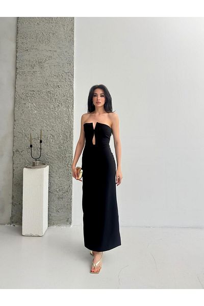 Serica Moda Black Strapless Bow Detailed Dress