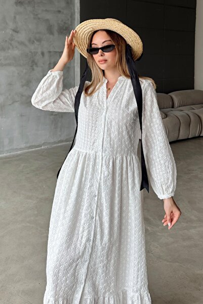 Olcay Button Midi Length Guipure Dress White 9351-E