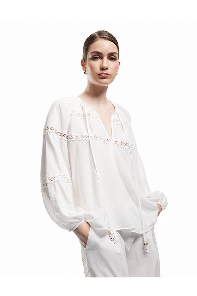Koton X Melis Ağazat - Long Balloon Sleeve Scalloped Lace Round Tie Collar Blouse