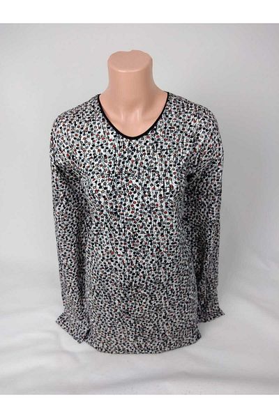 YAŞAR TRİKO Women's Black Beige U-Neck Long Sleeve Patterned Slit Woven Viscose Mother Combed Cotton T-Shirt