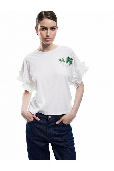 Koton Cotton Beaded Palm Applique Detail Crew Neck Short Sleeve Ruffle T-Shirt
