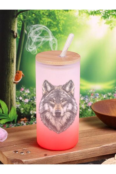 lili hediyelik Wolf Printed Glass Water Bottle with Straw 600 ml