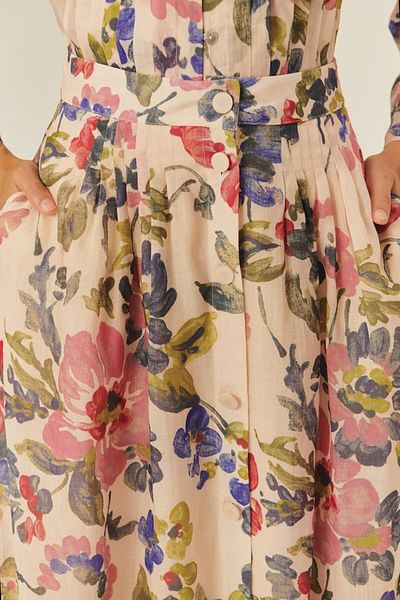 Exquise Front Button Midi Length Floral Pattern Skirt with Pockets