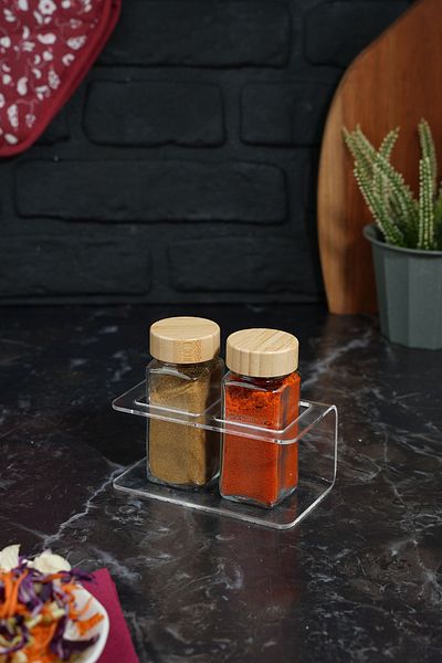 Etka Dizayn Eron 105 Cc Double Glass Spice Rack Set - Bamboo Lid, 3 mm Plexi Stand