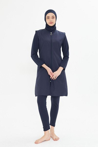 Fantasy Full Covered Vest Parachute Fabric Hijab Swimsuit Navy Blue 3476-L