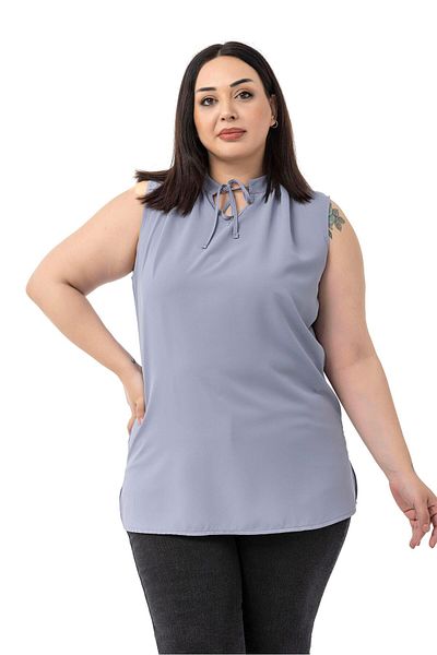 DISENTIS MODEST Plus Size Tie Collar Stand Collar Side Slit Flowy Sleeveless Gray Blouse