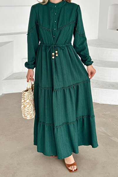Olcay Detailní šaty s detailním lemováním v pase, lněný vzhled, ZELENÉ 9235-E