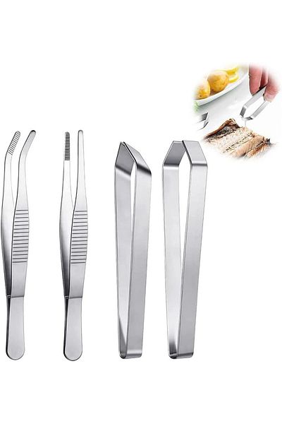 Butyeak Set of 2 tweezers and two pairs of Butyeak kitchen tongs, stainless steel, silver, 16/12 cm