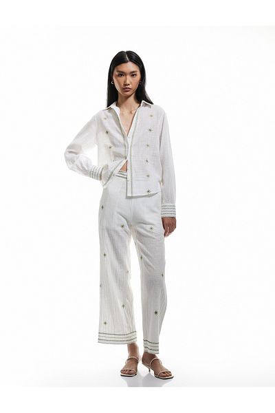 Koton Cotton High Waist Scalloped Embroidered Straight Wide Leg Pants