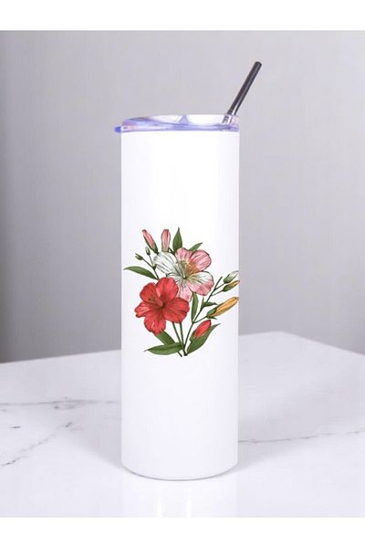 lili hediyelik Flowers Printed Steel Thermos with Straw 600 ml