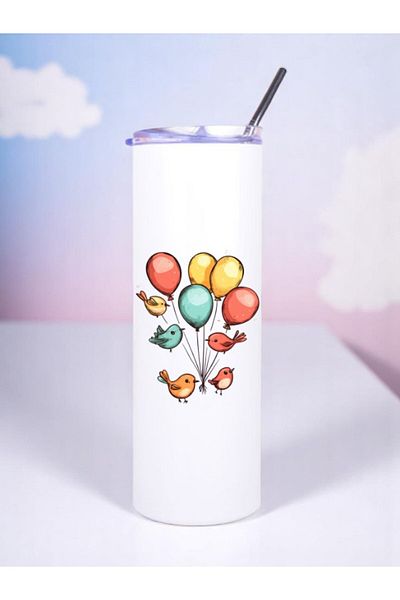 lili hediyelik Birds and Balloons Printed Steel Thermos with Straw 600 ml