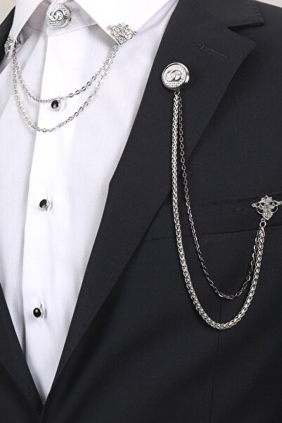 Esgue Gümüş Renk Halka Desen Yaka Broş Seti – 3 Parça Zincirli Aksesuar Yaka ...