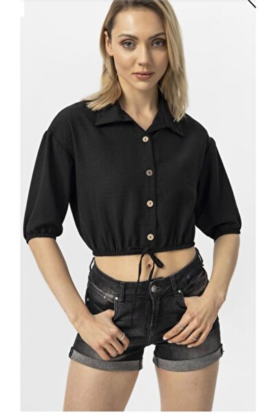 MODA Μαύρη κοντή μπλούζα με μανίκια και λεπτομέρεια με κορδόνια στη μέση