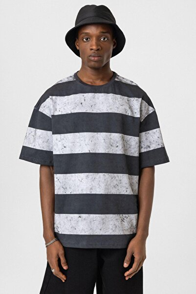 VAMOSCLO oversized T-Shirt με λεπτή ρίγα που πλένεται - Γκρι - Λευκό