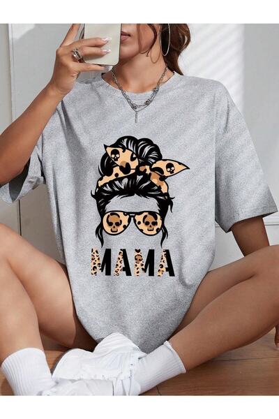 PERISENSE تي شيرت كاجوال رمادي كبير الحجم مطبوع للنساء/الفتيات من Mamaa Boyfr...