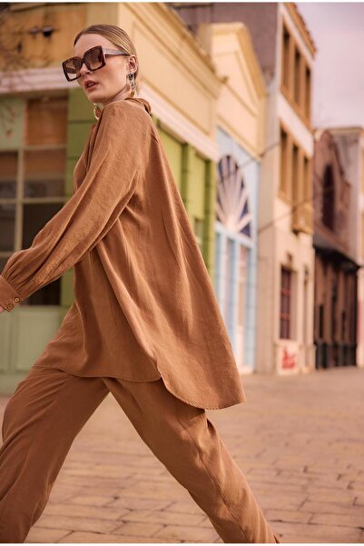 Yaqa Rayon Aruba Pantolonlu Takım - Kahve