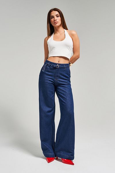 its basic Women's Indigo Color 7S5-50/1 Wide Leg Fit Belt Detailed Viscon Fabric 100% Cotton Denim Jean