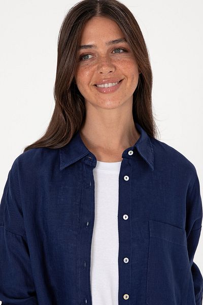 U.S. Polo Assn. Cămașă tunică de in cu mânecă lungă albastru bleumarin pentru femei 50299794-VR033