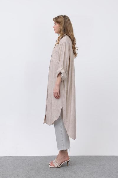 Puane Women's Long Tunic with Front Pocket Detail and Robe Back - 10639Tun - Beige