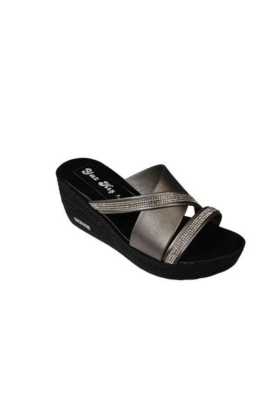 Yaz Kış Ayakkabı Yazkiş Women's Platinum Cross Strap Stone 7cm Wedge Heel Slippers