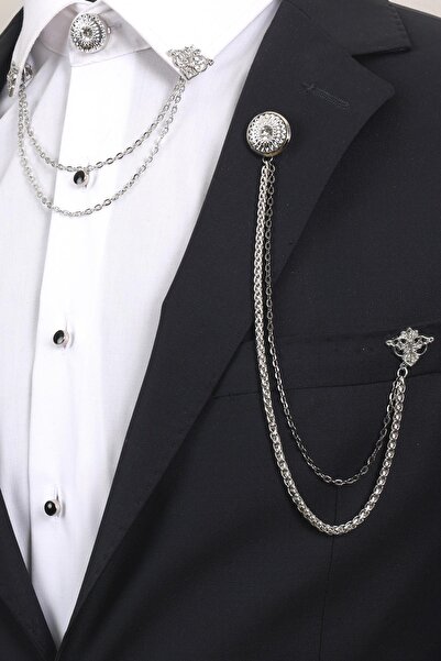 Esgue Gümüş Renk Taşlı Desenli Yaka Broş Seti – 3 Parça Zincirli Takım Elbise Gömlek Yaka Seti (BRS1