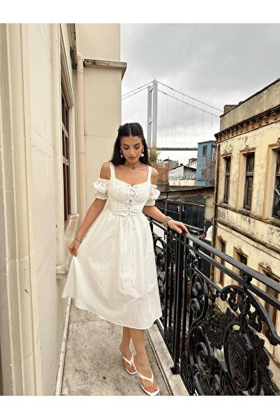 MEECY White Strap Embroidered Dress